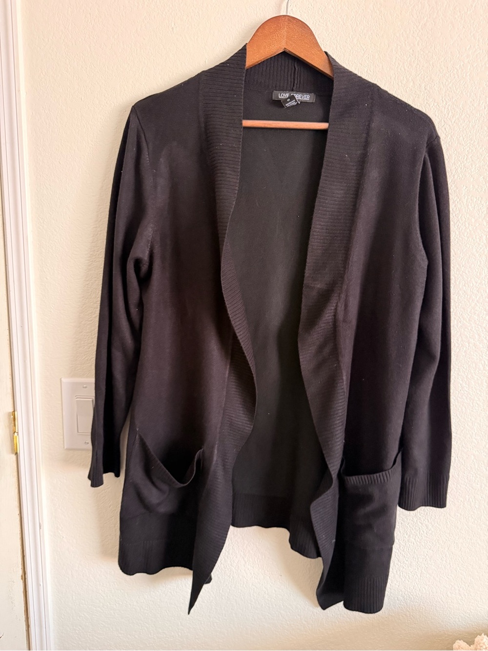 Love Tree Black Open-Front Shawl Collar Cardigan with Pockets